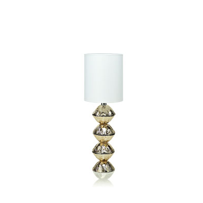 LAMP H. 73 CM. LAMP BASE ?18 IN CLEAR GLASS WITH GOLD DECORATION WITH WHITE LAMPSHADE