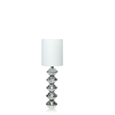 H. 73 CM. LAMP BASE ?16 IN GLASS WITH SILVER DECORATION+WHITE LAMPSHADE
