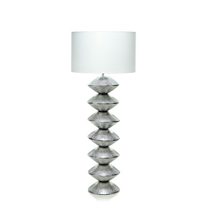 FLOOR LAMP H. 140 CM. LAMP BASE ?25 IN GLASS WITH SILVER DECORATION+WHITE LAMPSHADE