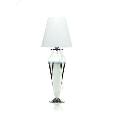 H.90 IN GLASS WITH SILVER DECORATION WITH WHITE LAMPSHADE
